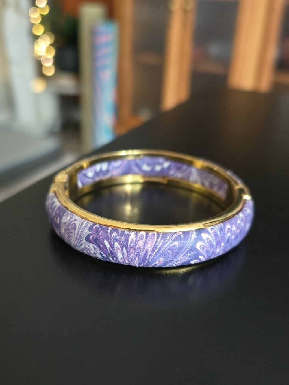 Purple Patterned Gold-Trim Hinged Bangle Bracelet